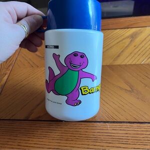 Thermos White Bottle with Blue Lid and Barney Design